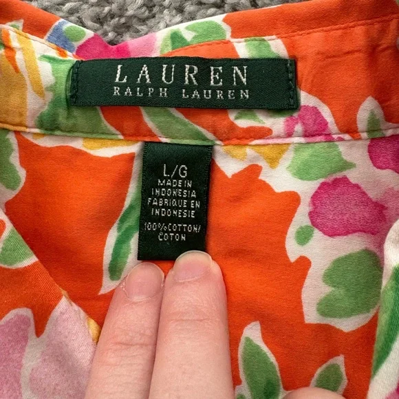 Ralph Lauren Orange tropical Floral 3/4 sleeve bottom up Shirt - Picture 6 of 7